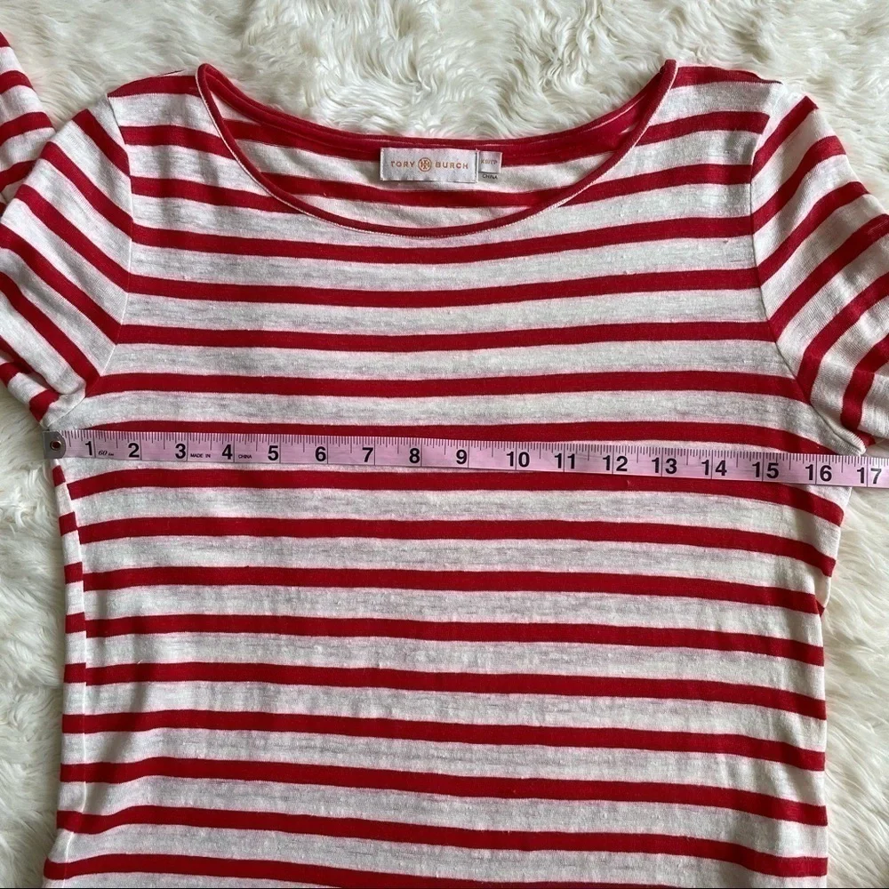 Tory Burch Blouse Top Linen Long Sleeve Eyelet Hem Stripes Red and Cream XS
